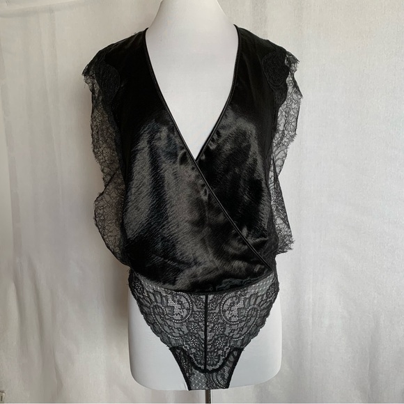 Victoria's Secret Tops - Victoria's Secret Black Satin Lace trim surplice sleeveless thong bodysuit SMALL